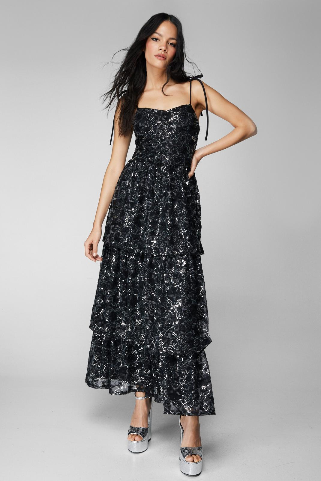Black Star Sequin Layered Maxi Dress image number 1