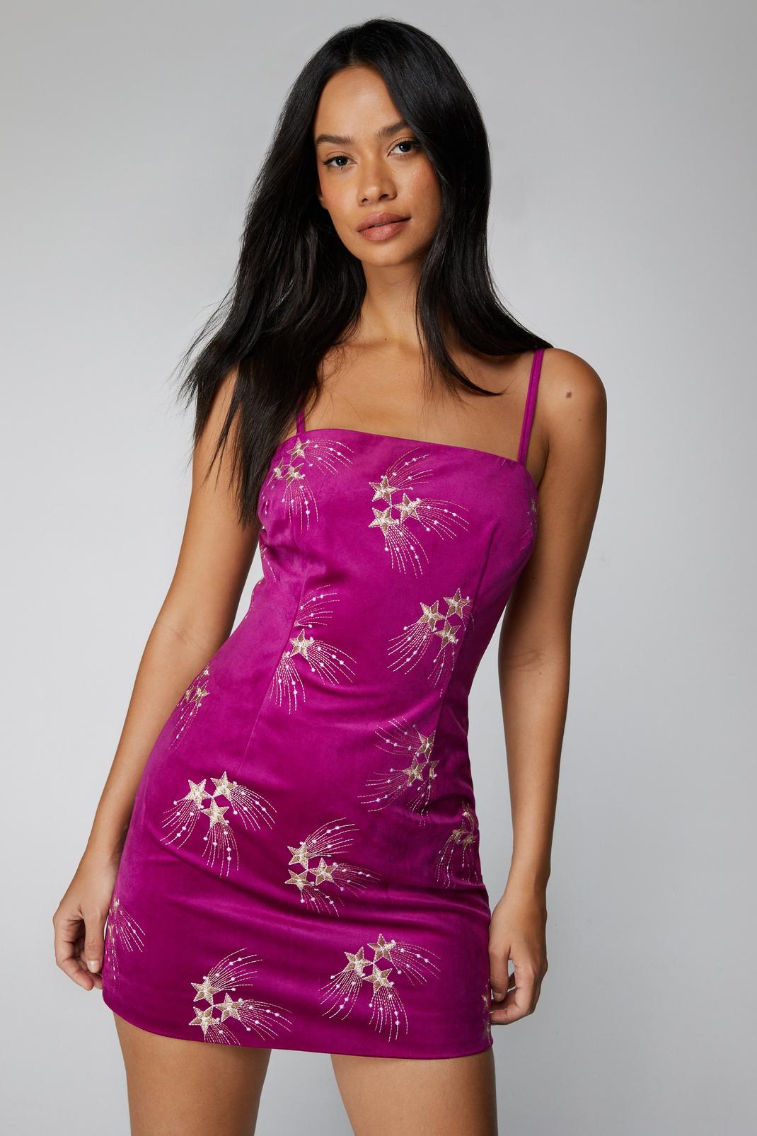 Mauve Premium Embroidered Velvet Mini Dress image number 1