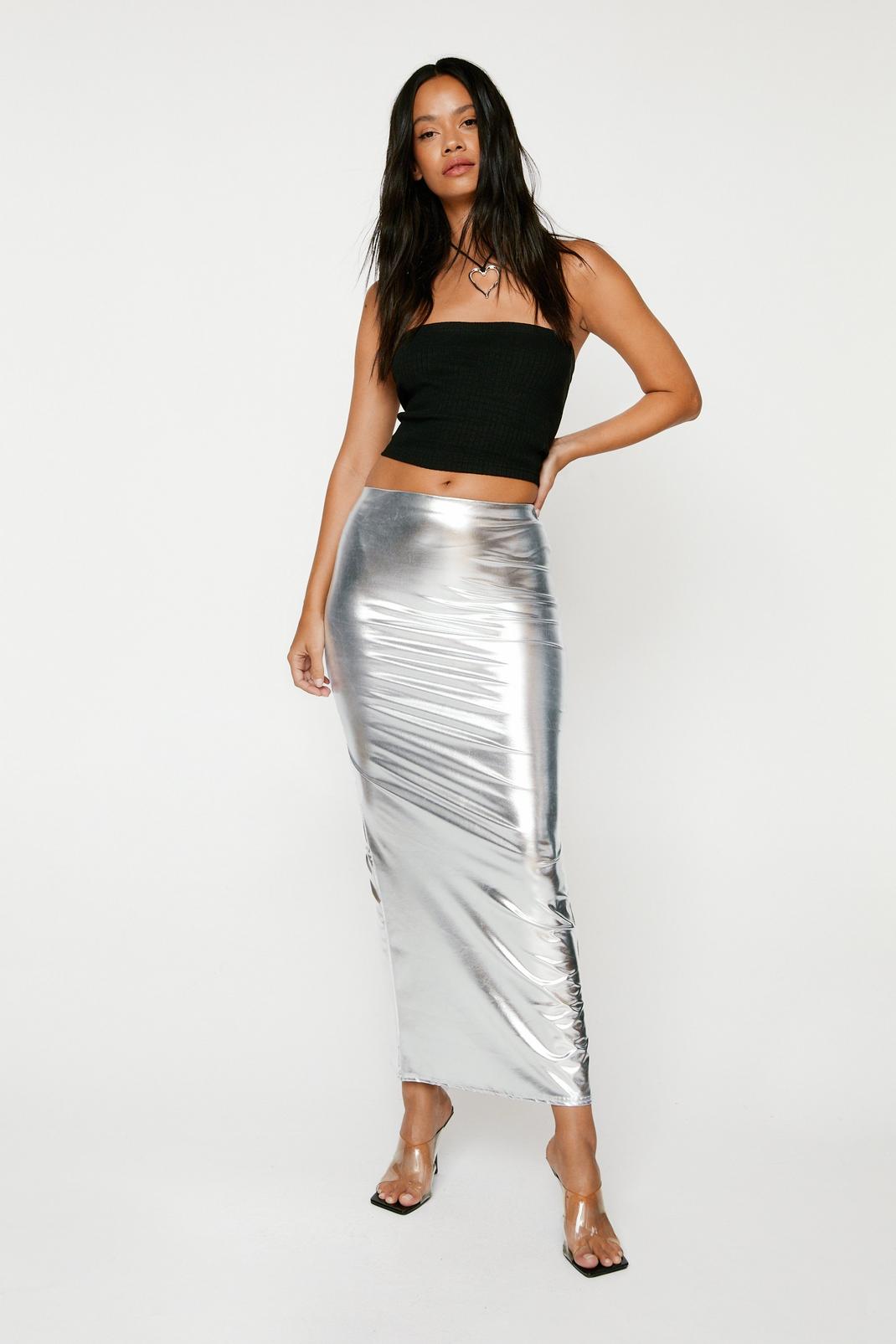 Silver High Shine Maxi Skirt image number 1