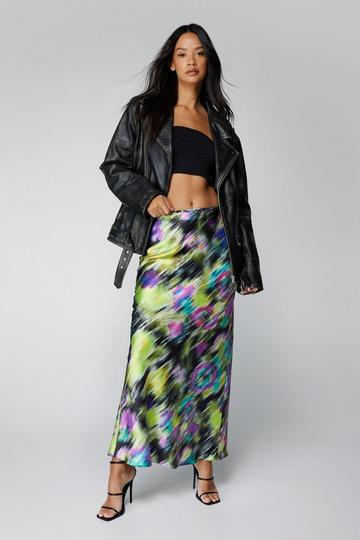 Blurred Floral Satin Maxi Skirt black