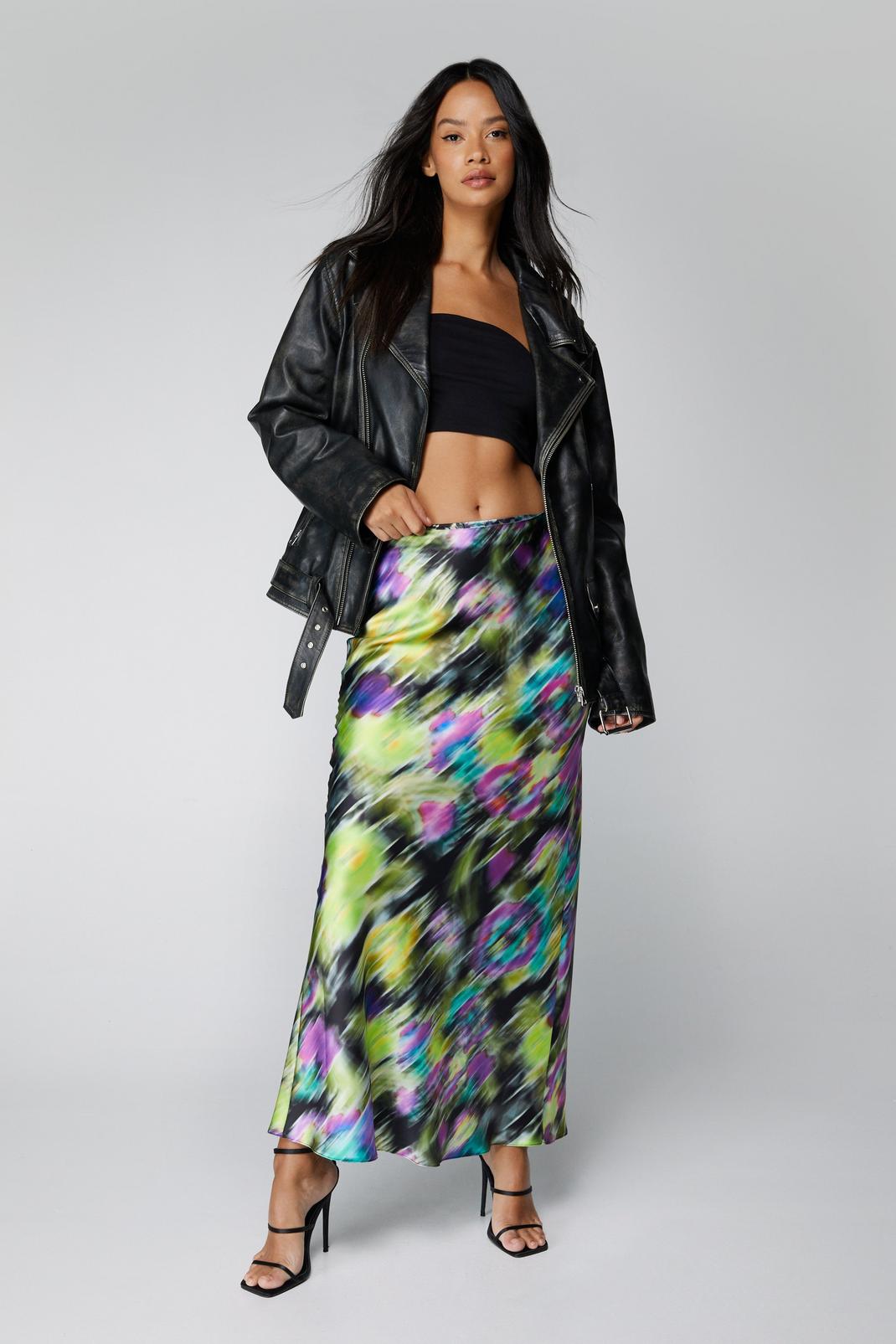 Black Blurred Floral Satin Maxi Skirt image number 1