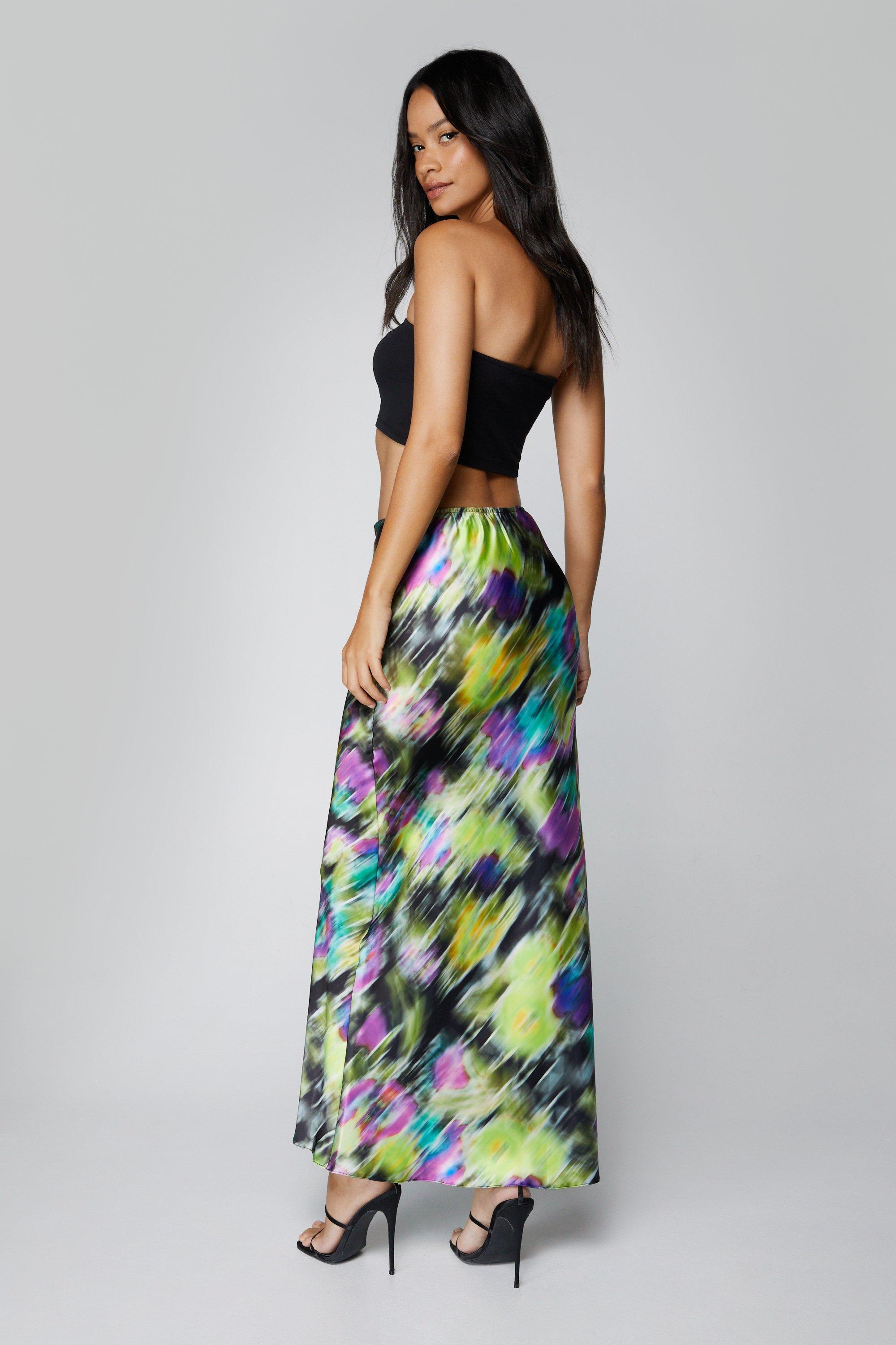 Blurred Floral Satin Maxi Skirt