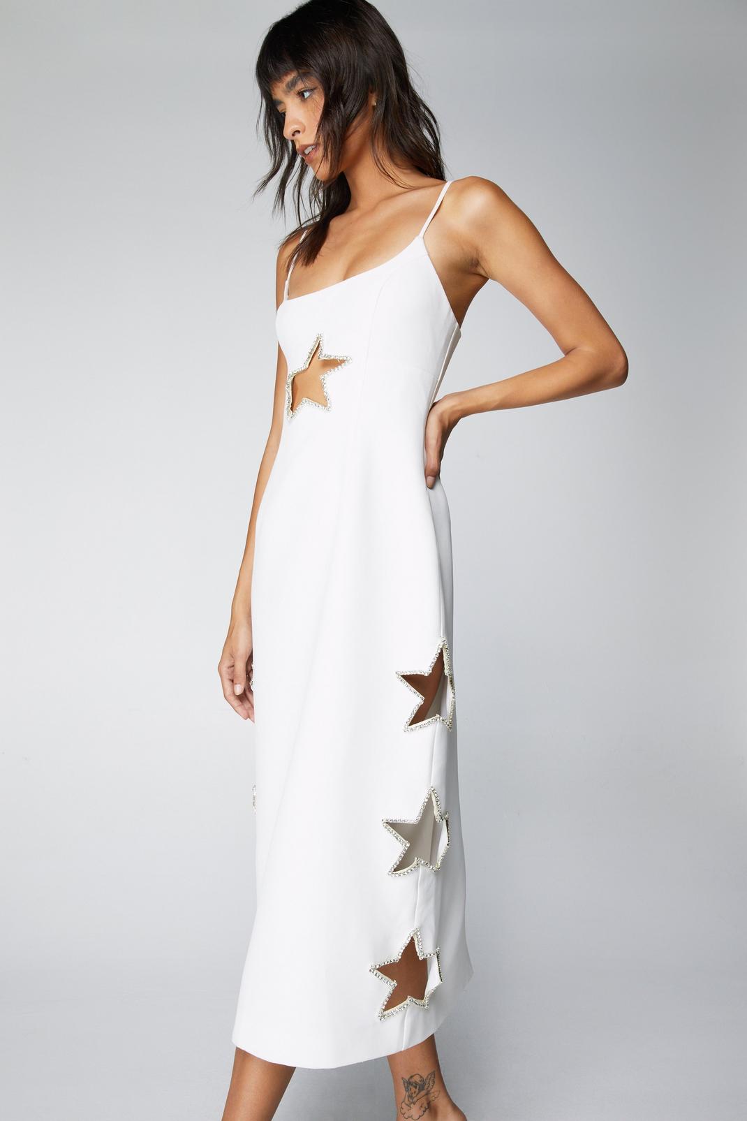 White Diamante Star Cut Out Midi Dress image number 1