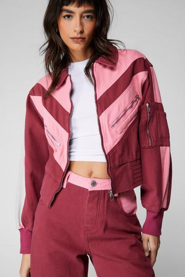 Pink Denim Color Block Bomber Jacket