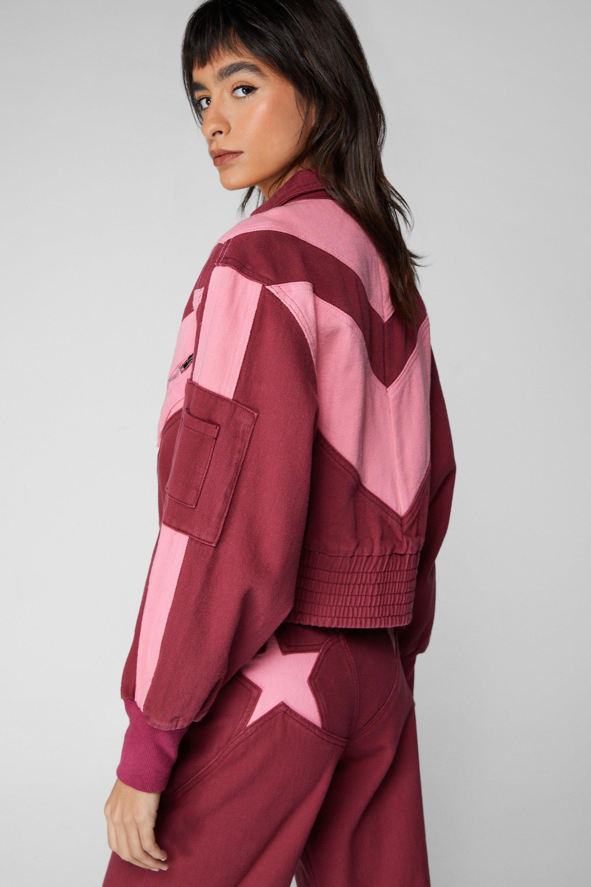 Pink color block denim on sale jacket