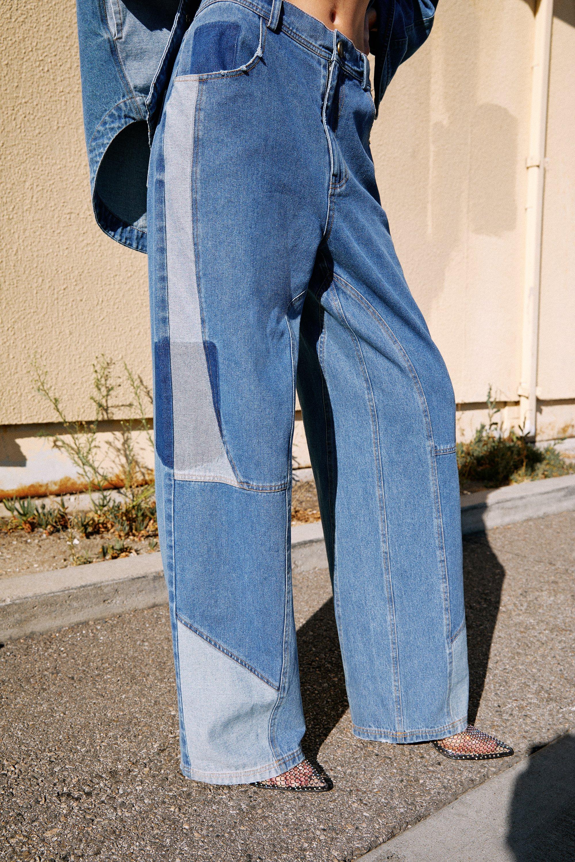 Patchwork Wide Leg Denim Jeans - Blue