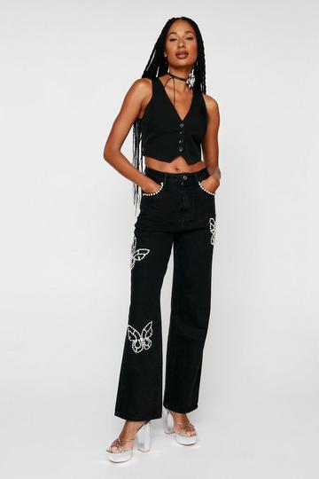 Black Butterfly Diamante Embellished Straight Leg Jeans