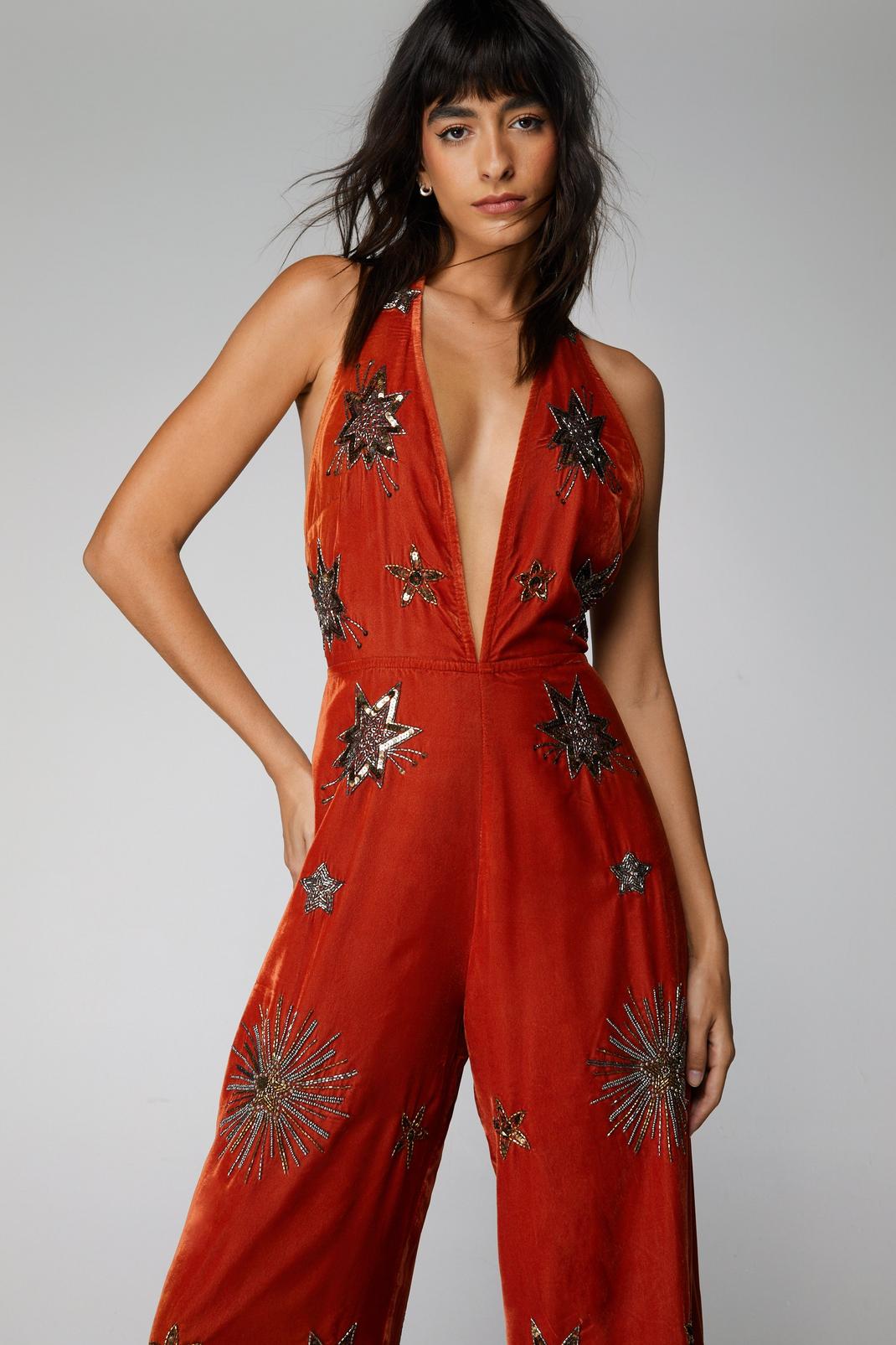 Amber Star Embellished Velvet Halter Jumpsuit image number 1