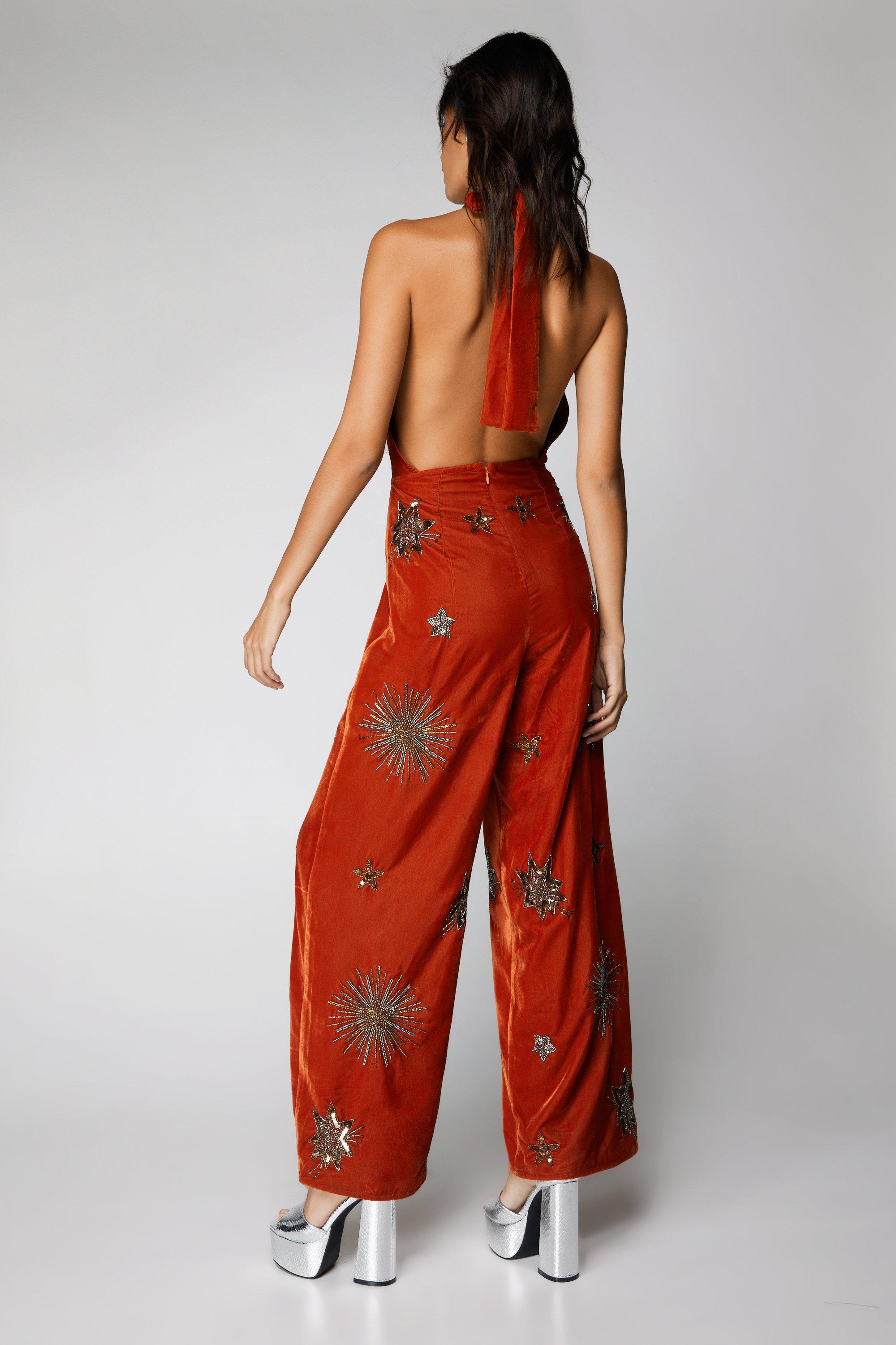 Women's Petite Embellished Velvet Flare Jumpsuit