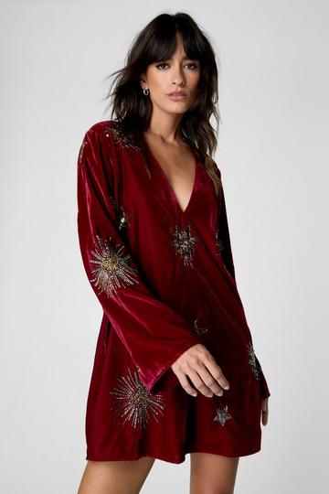 Star Embellished Velvet V Neck Mini Dress wine