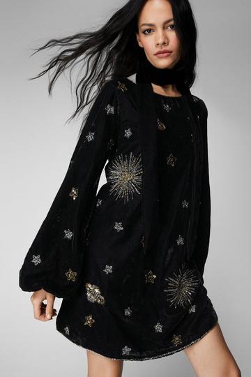 Black Celestial Embellished Velvet Neck Tie Mini Dress