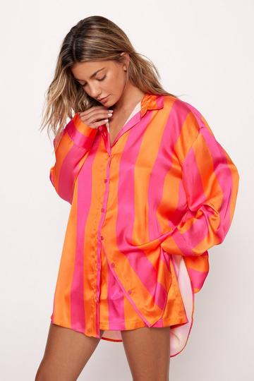 Orange Stripe Oversized Pajama Shirt And Shorts Set