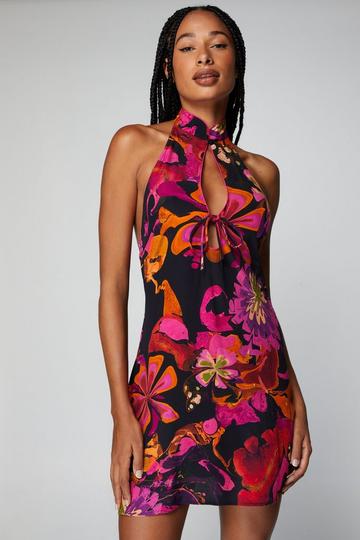 Floral Printed Keyhole Halter Mini Dress black