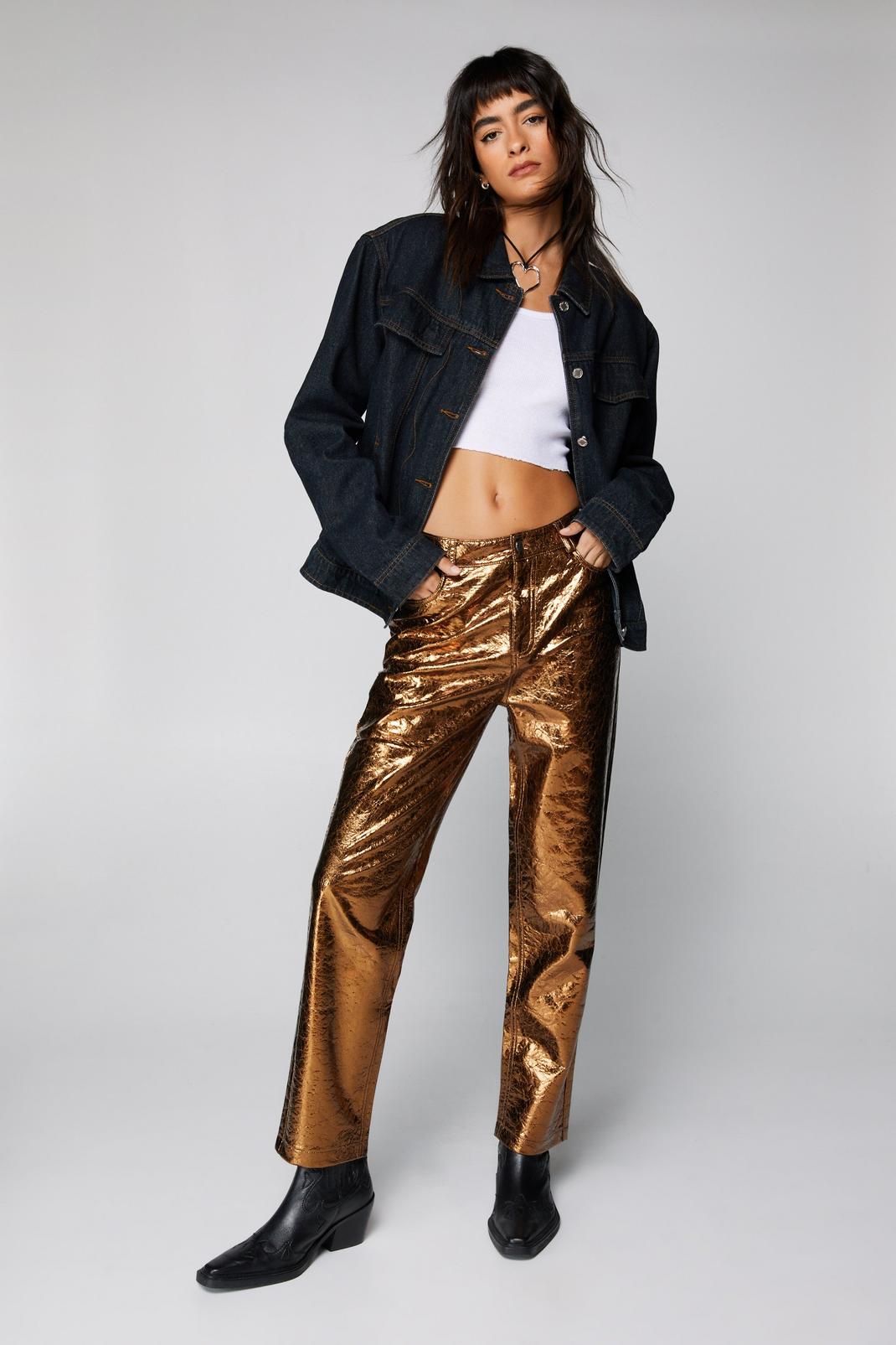 Bronze Metallic Crackle Faux Leather Pants image number 1