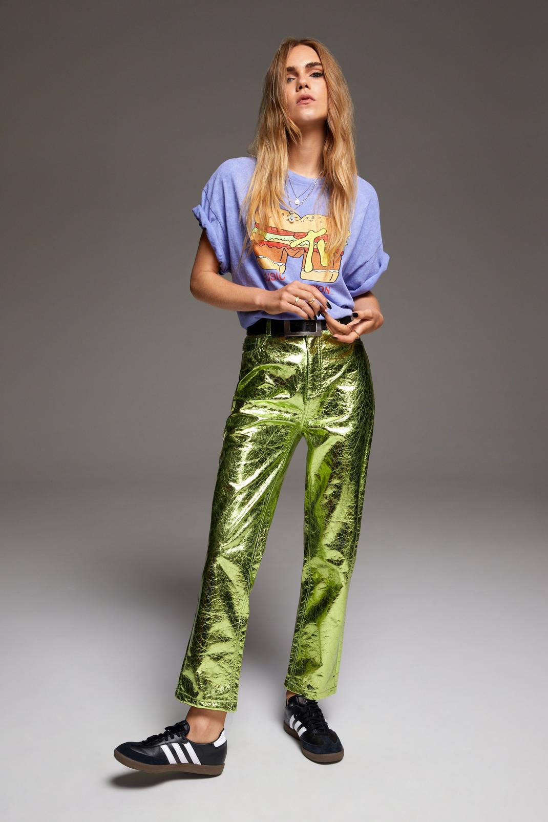 Lime Metallic Crackle Faux Leather Pants image number 1