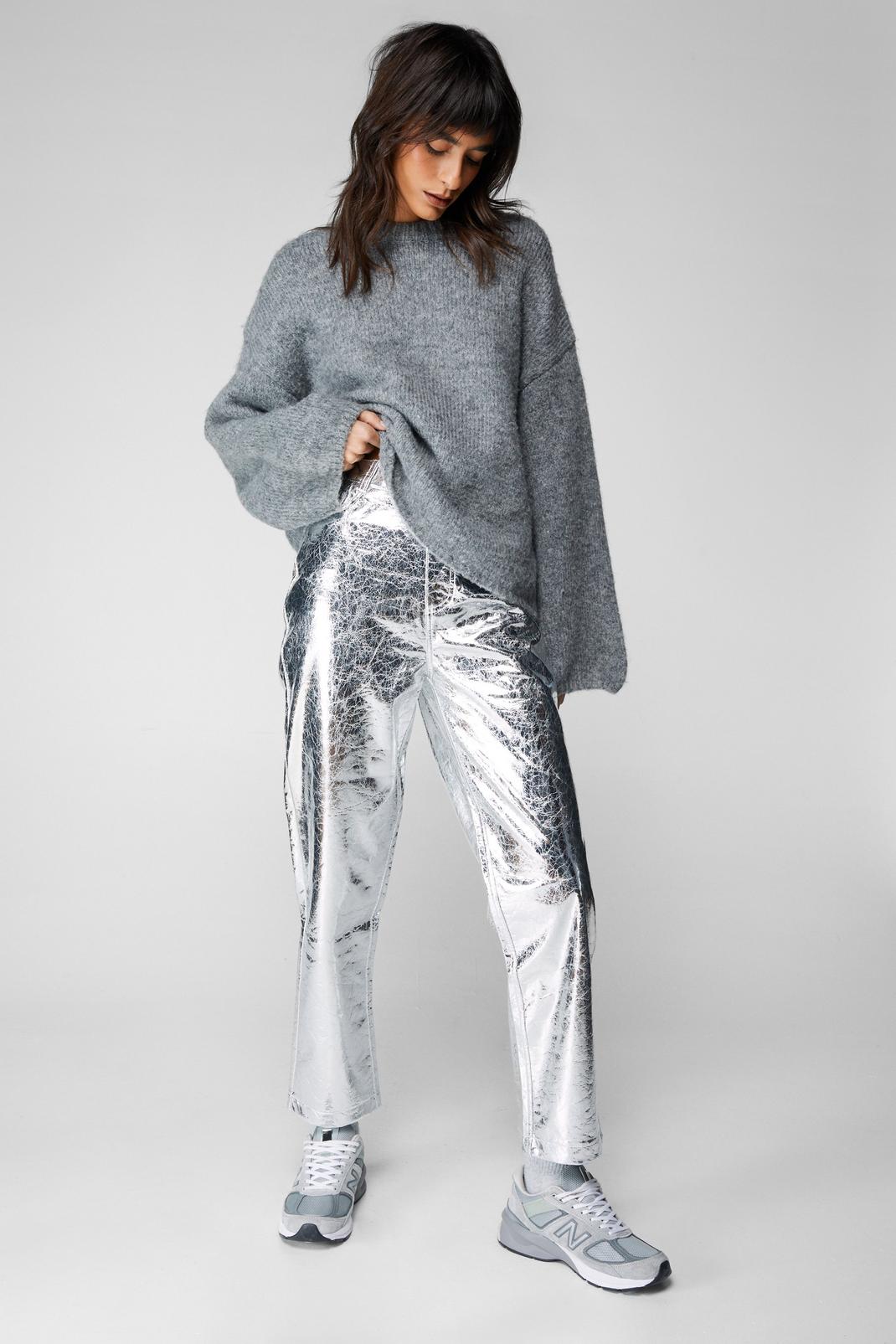 Silver Metallic Crackle Faux Leather Trousers image number 1