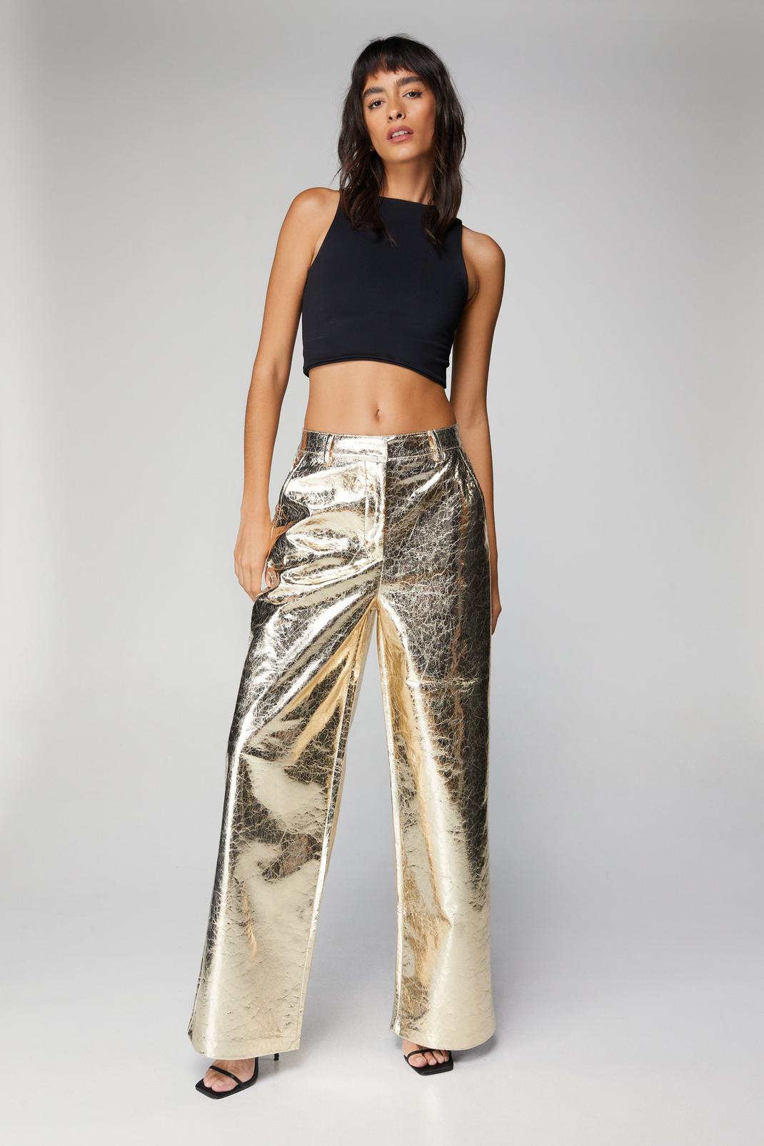 Gold Metallic Crackle Wide Leg Trousers image number 1