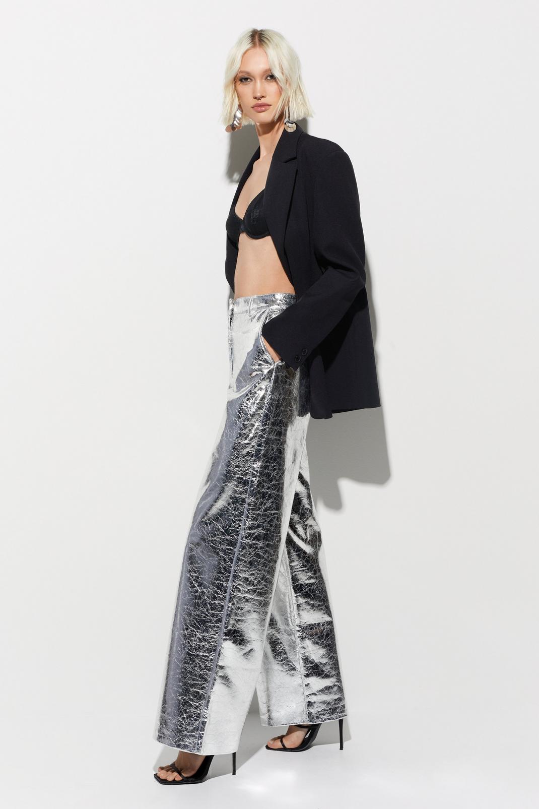 Silver Metallic Crackle Wide Leg Trousers image number 1