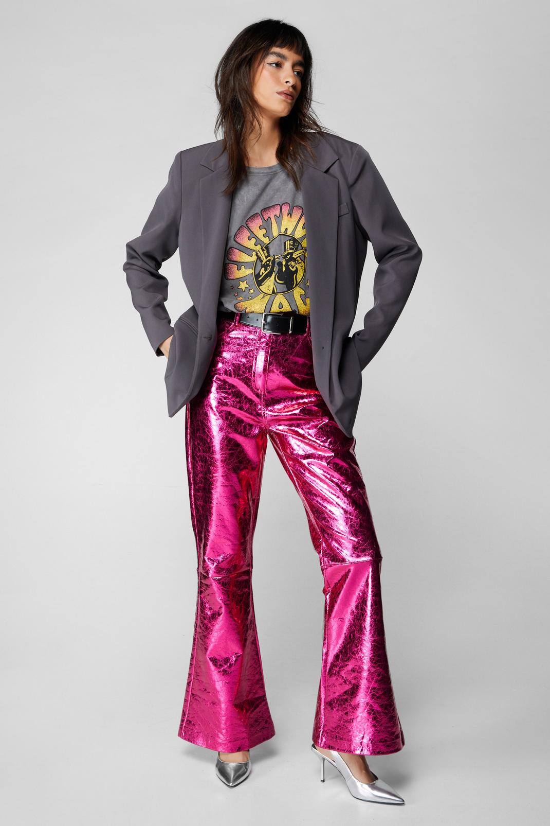 Hot pink Metallic Crackle Flare Trousers image number 1