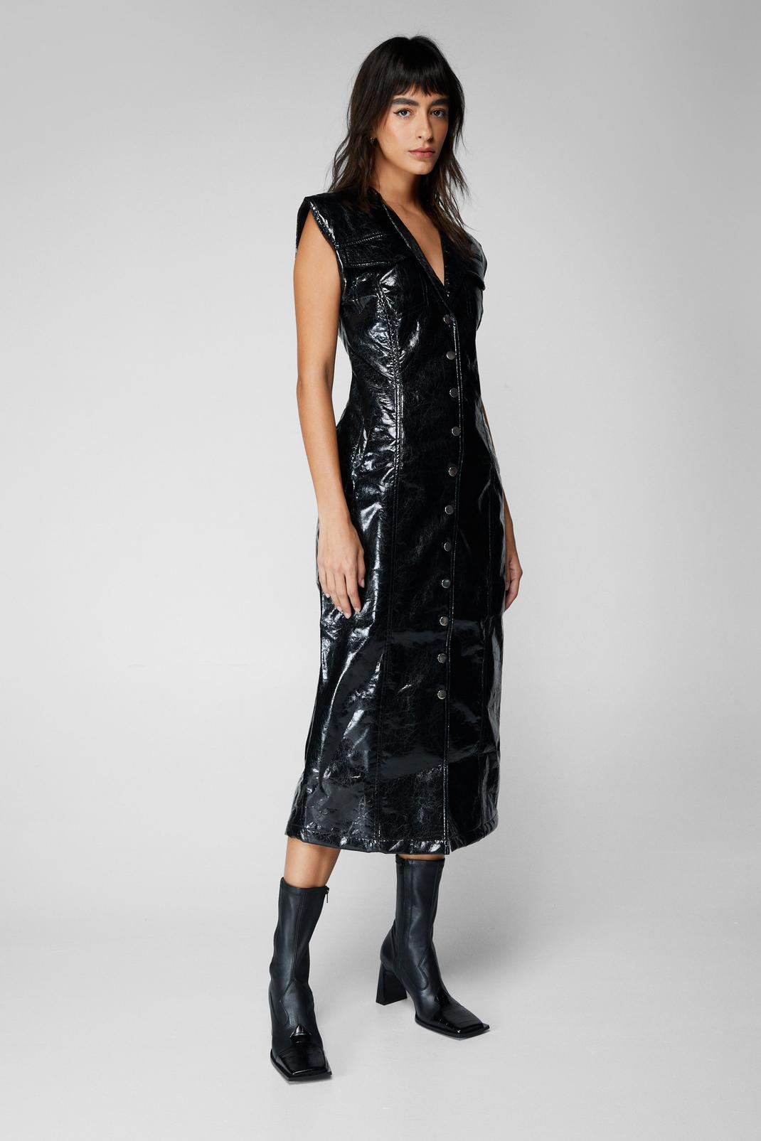 Metallic Crackle Faux Leather Midi Dress, Black image number 1