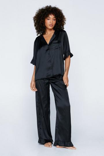 Black Satin Ruffle Pajama Pants Set