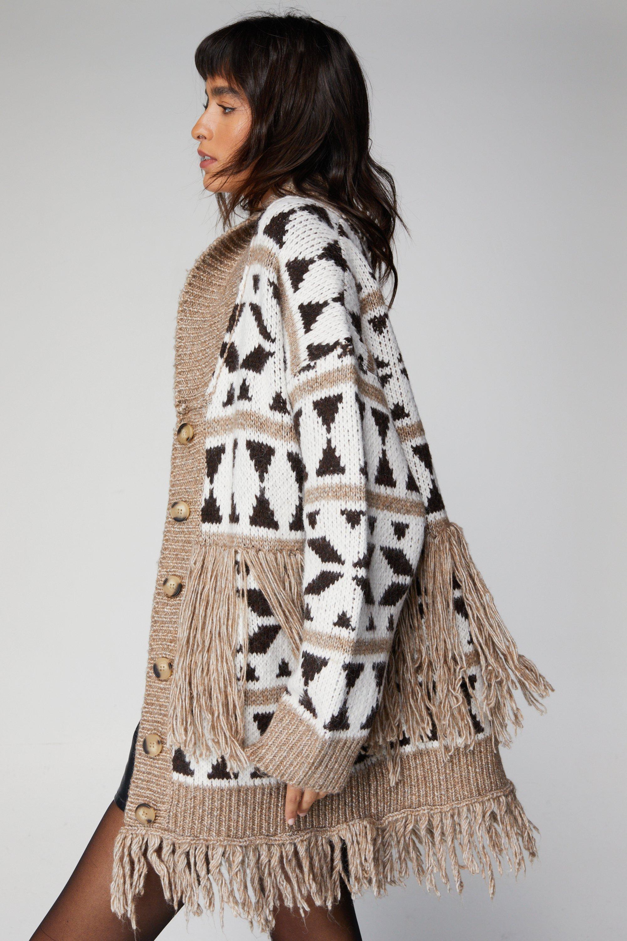 Oversized Nordic Pattern Fringe Cardigan