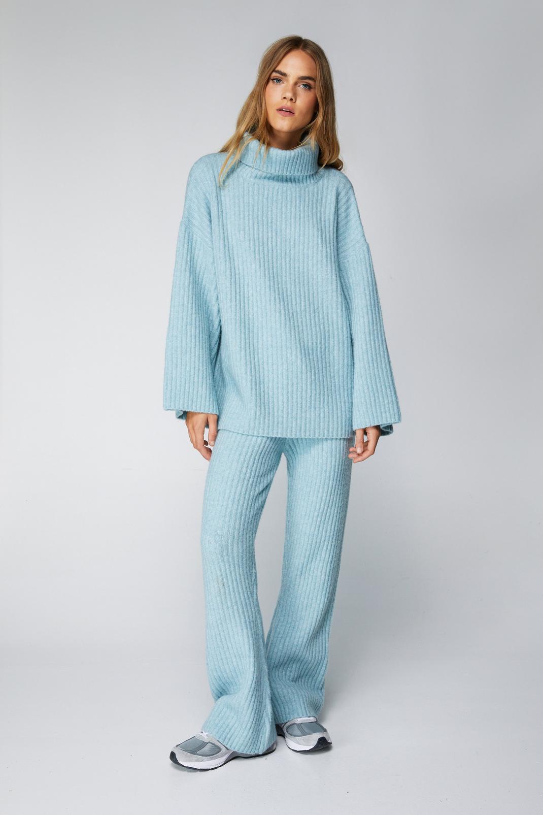 Blue Oversized Ribbed Flare Trousers image number 1