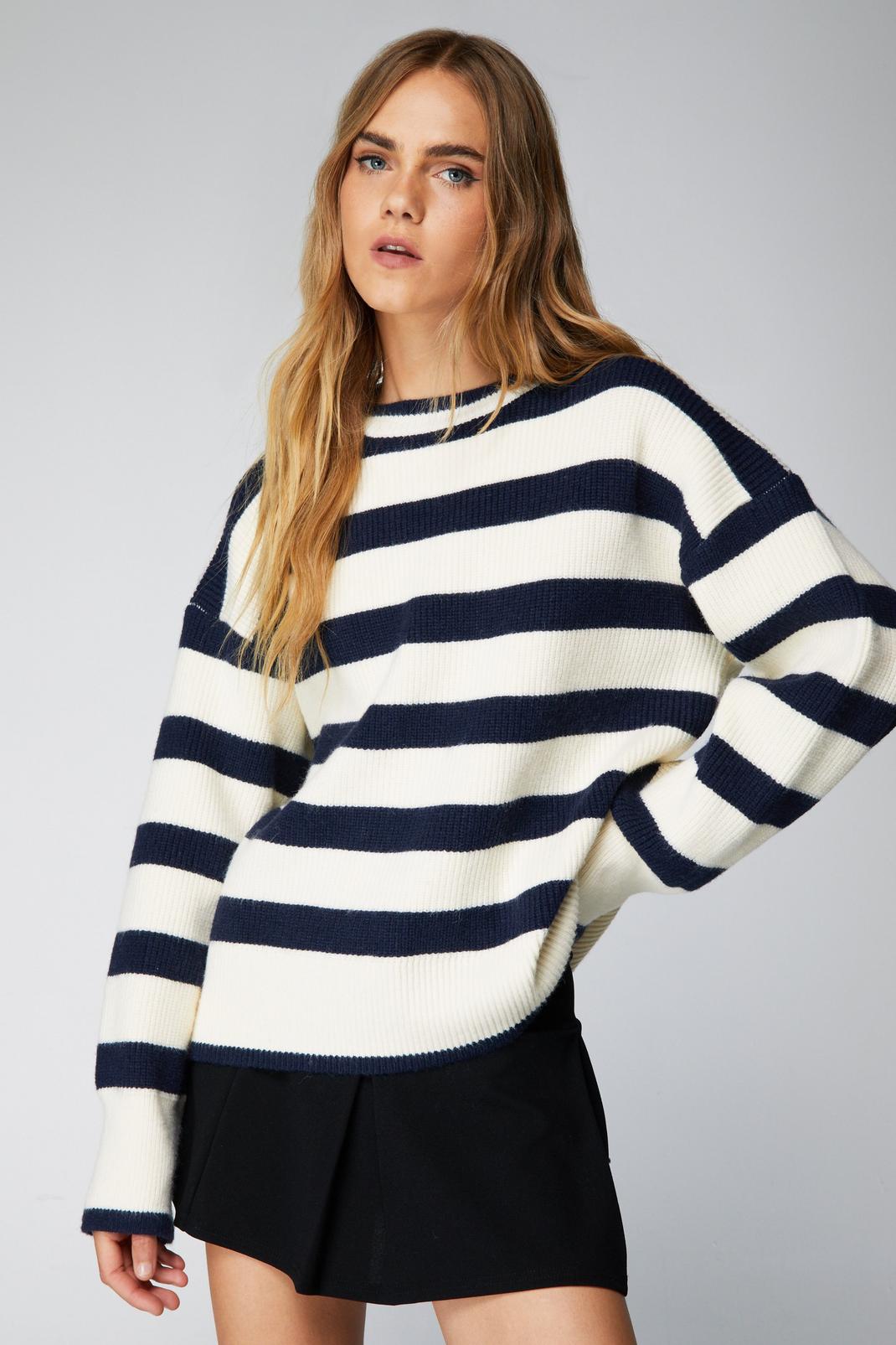 Navy Premium Stripe Boxy Sweater image number 1