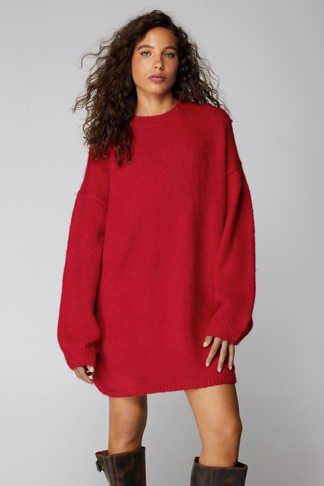 Red Brushed Oversized Knitted Mini Dress image number 1