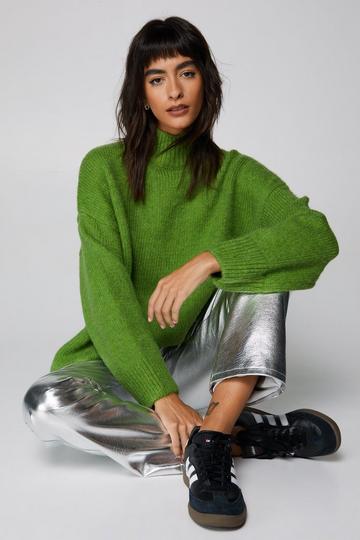 Green Turtleneck Relaxed Long Sleeve Sweater