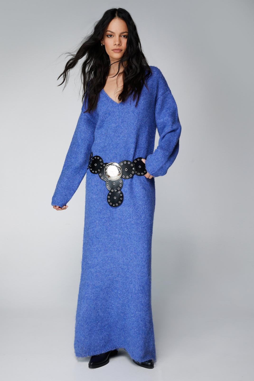Blue Brushed Oversized Knitted Maxi Dress image number 1