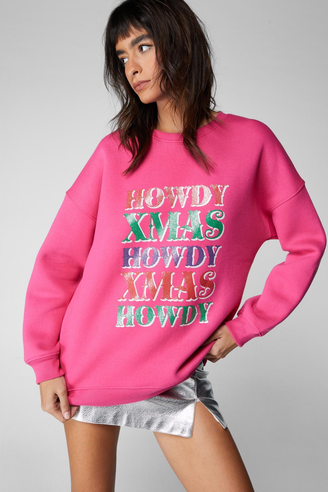 Sweat de Noël à slogan Howdy Xmas, Bright pink image number 1