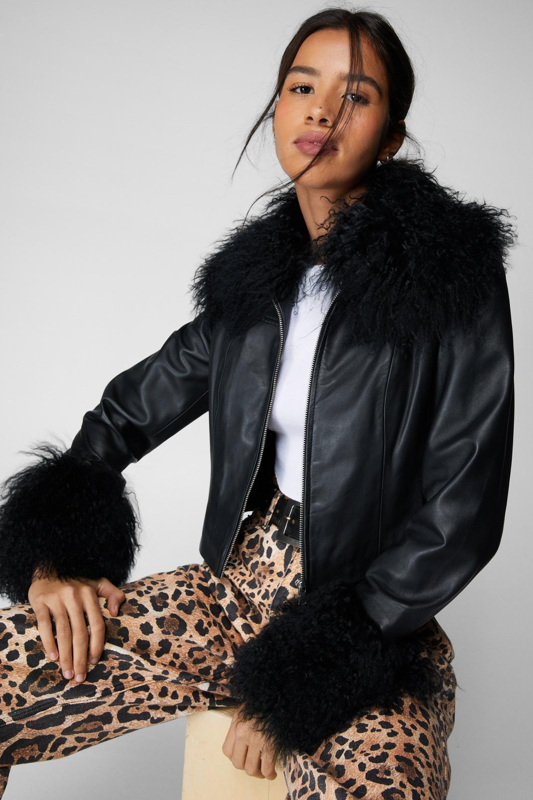 Black Premium Leather and Shearling Fur Afghan Jacket image number 1