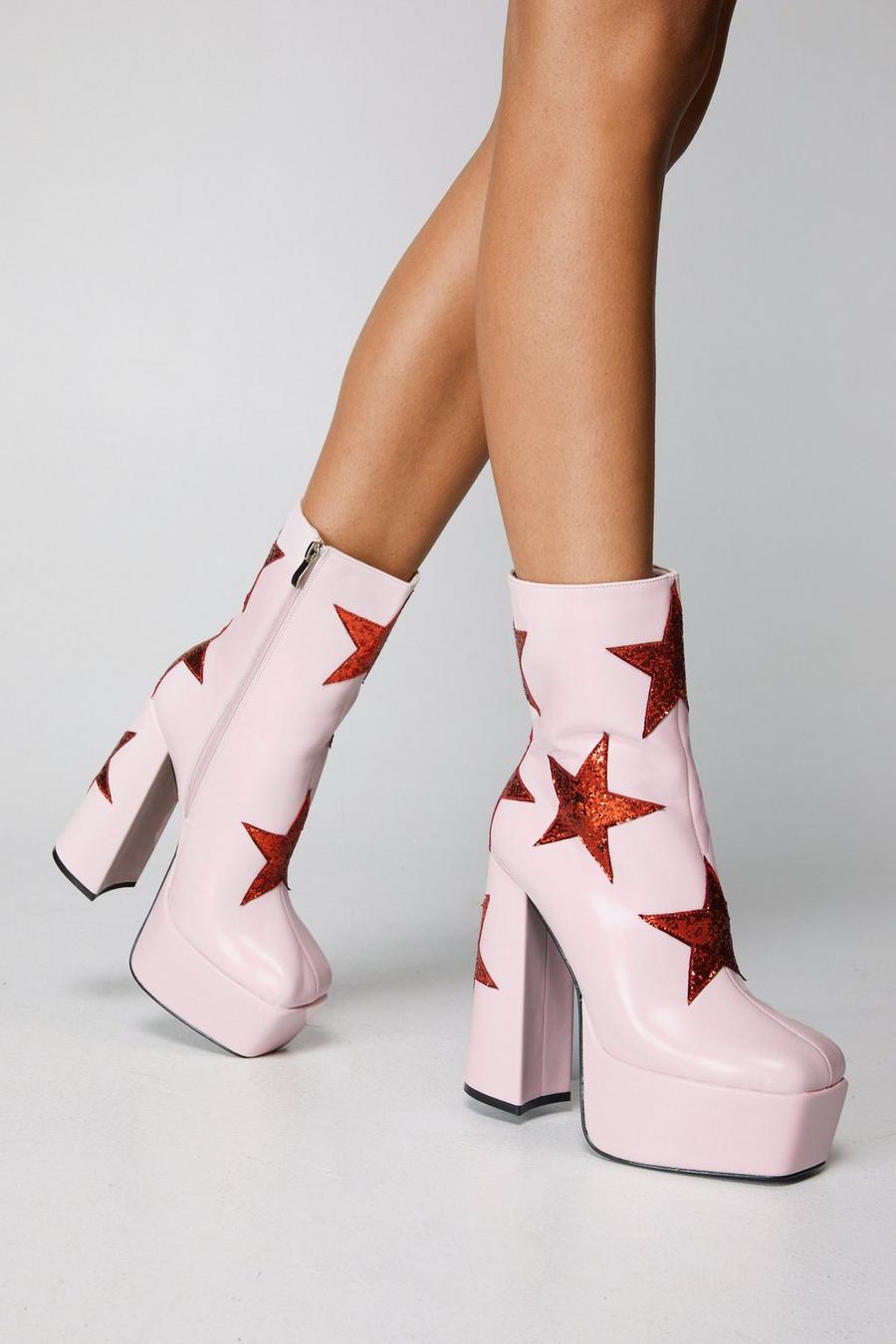 Faux Leather & Glitter Star Platform Ankle Boots