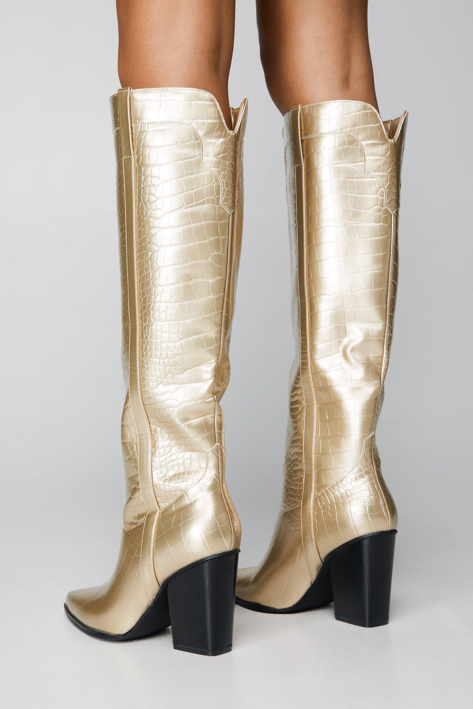 Metallic Croc Knee High Cowboy Boots