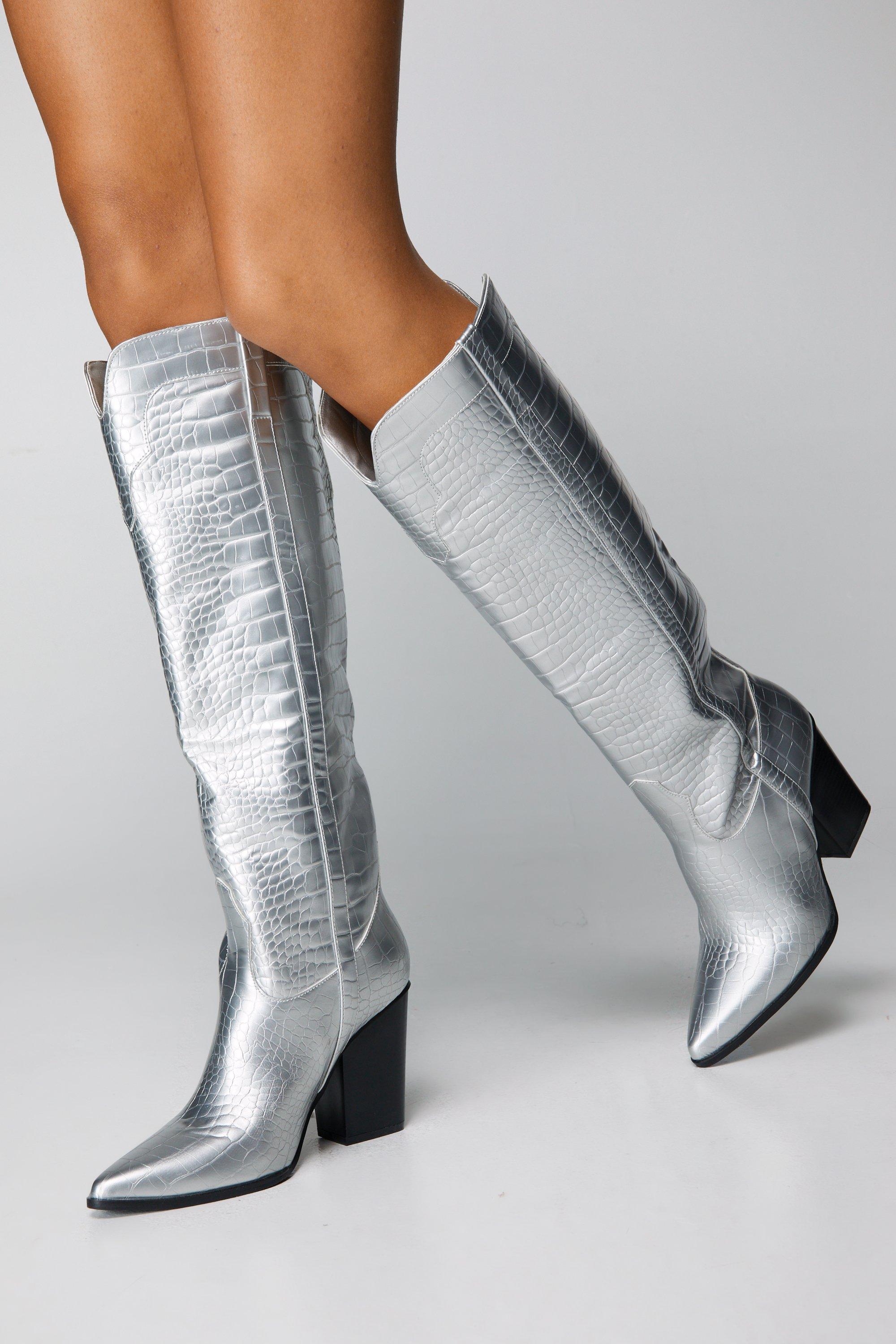 Metallic silver shop knee high boots