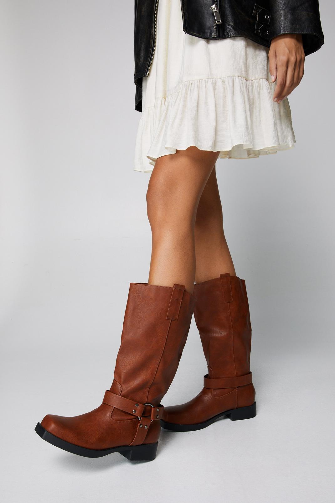 Tan Faux Leather Buckle Detail Square Toe Knee High Boots image number 1