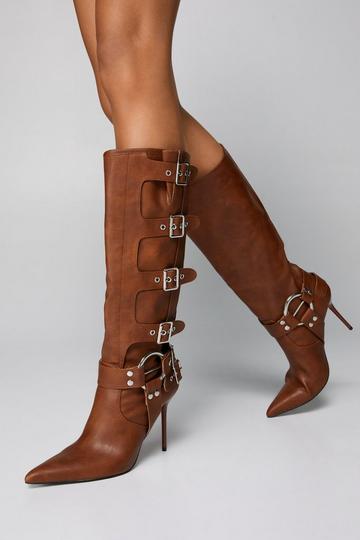 Tan Brown Faux Leather Buckle Detail Pointed Toe Knee High Boots