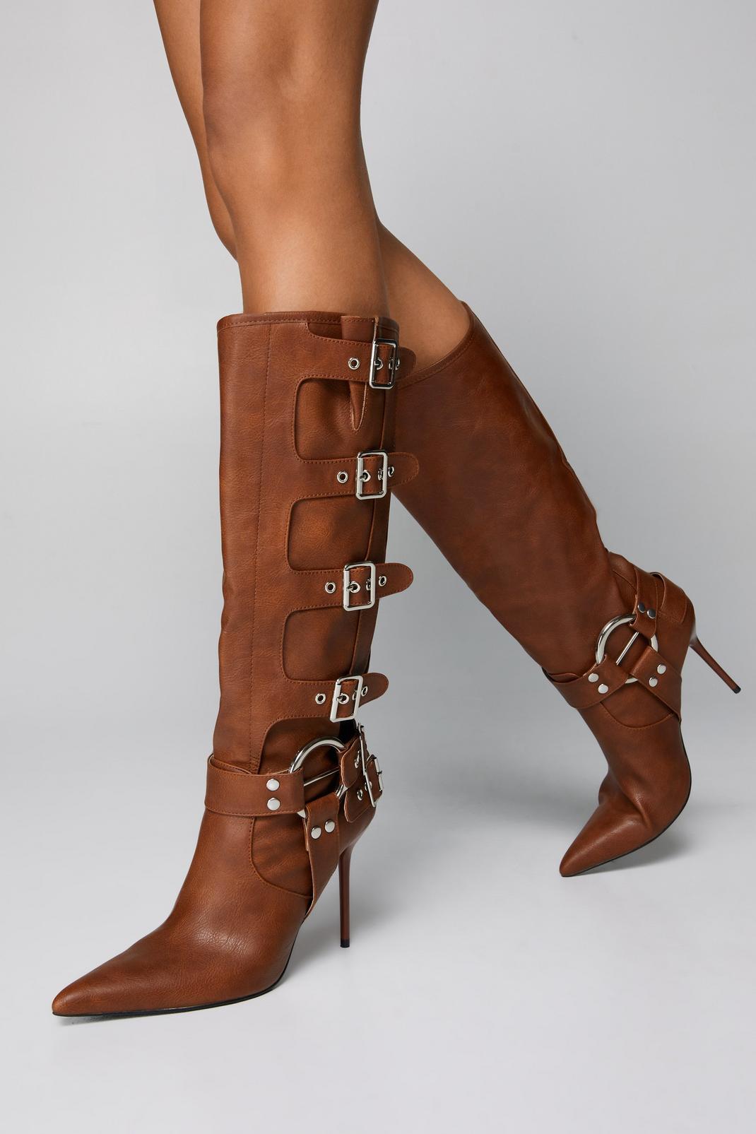Tan Faux Leather Buckle Detail Pointed Toe Knee High Boots image number 1