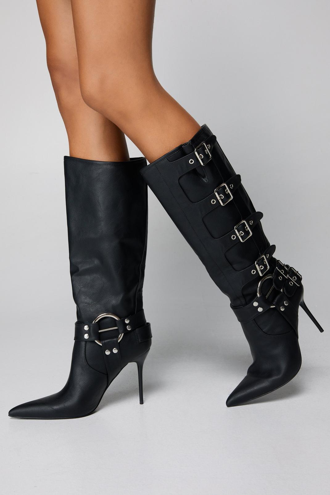 Black Faux Leather Buckle Detail Pointed Toe Knee High Boots image number 1