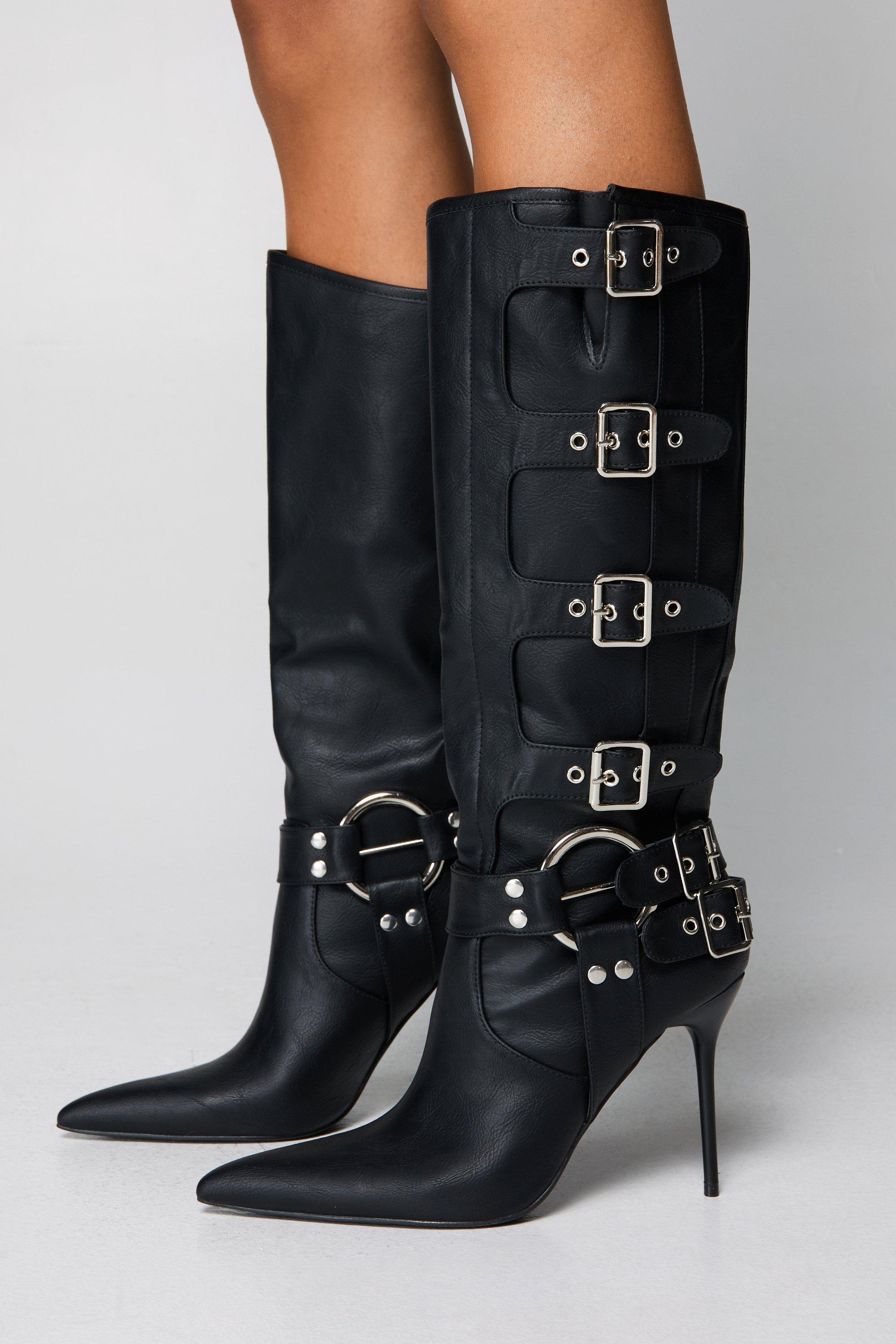 High heeled clearance buckle boots