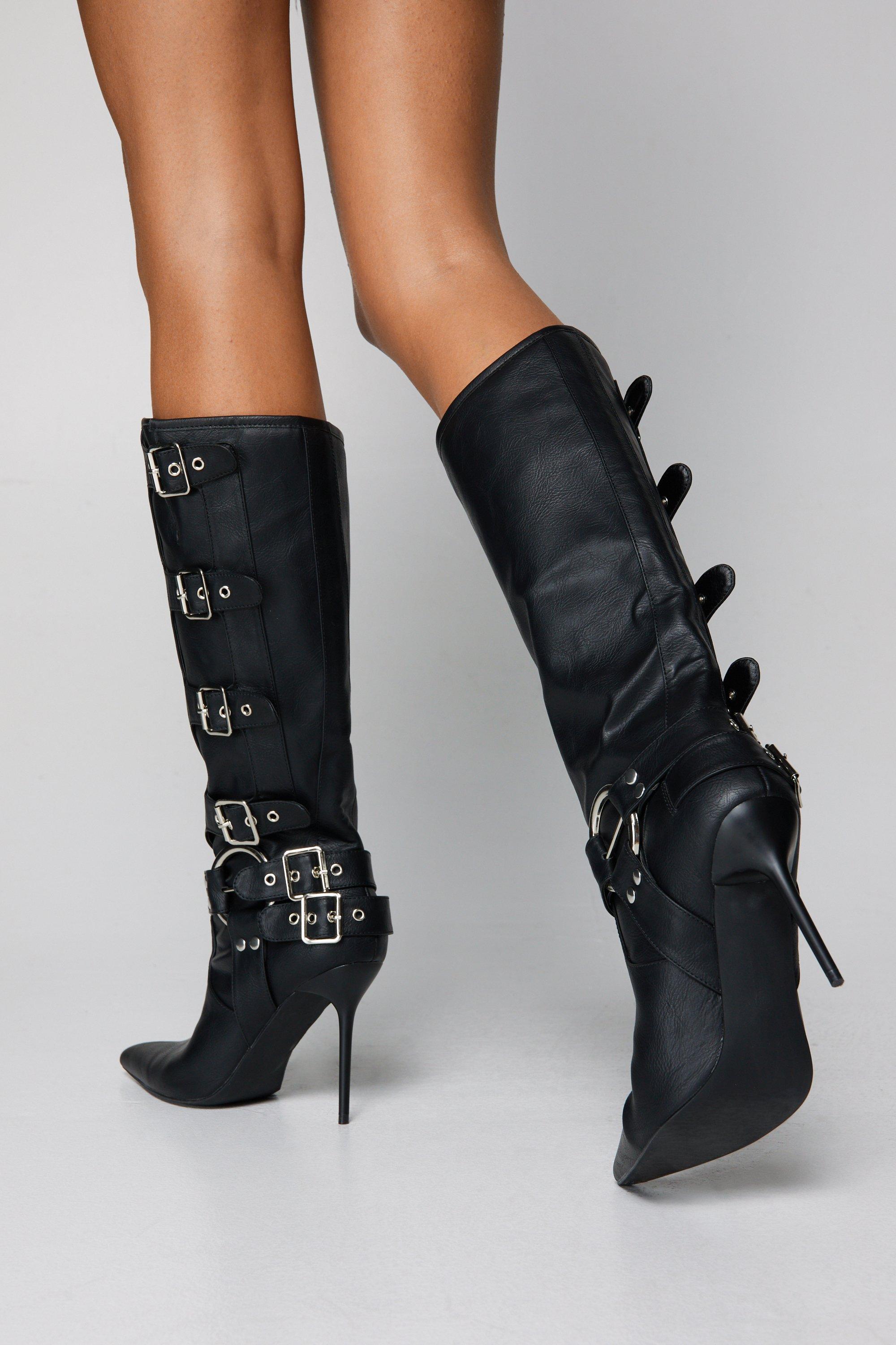 Faux Leather Buckle Detail Pointed Toe Knee High Boots