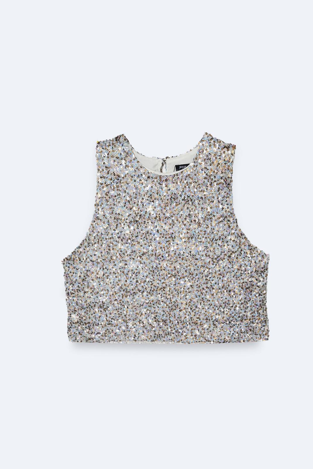 Silver Plus Size Metallic Textured Mixed Sequin Sleeveless Top image number 1