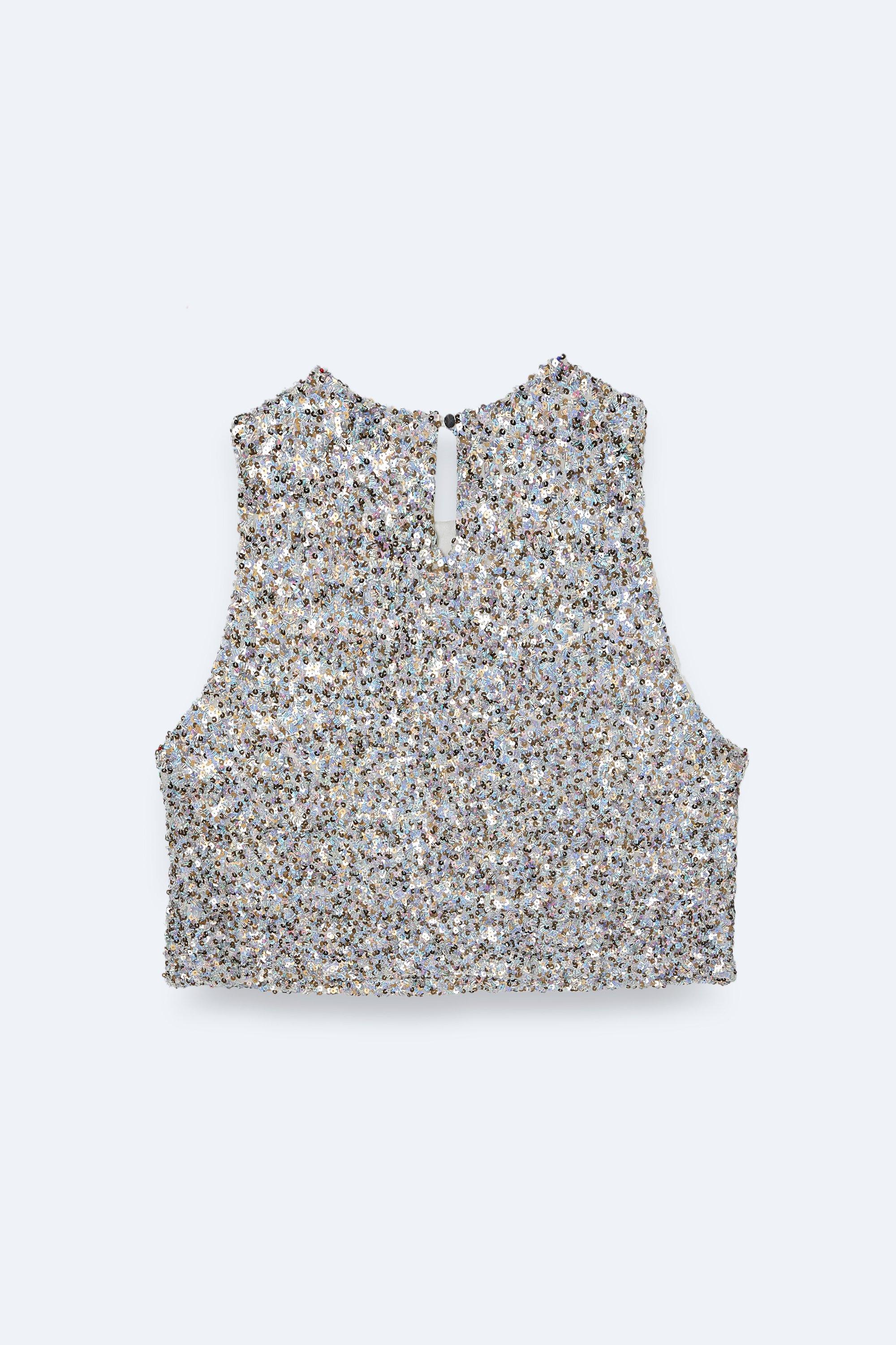 Women's Plus Size Sequin Starburst Silver Top