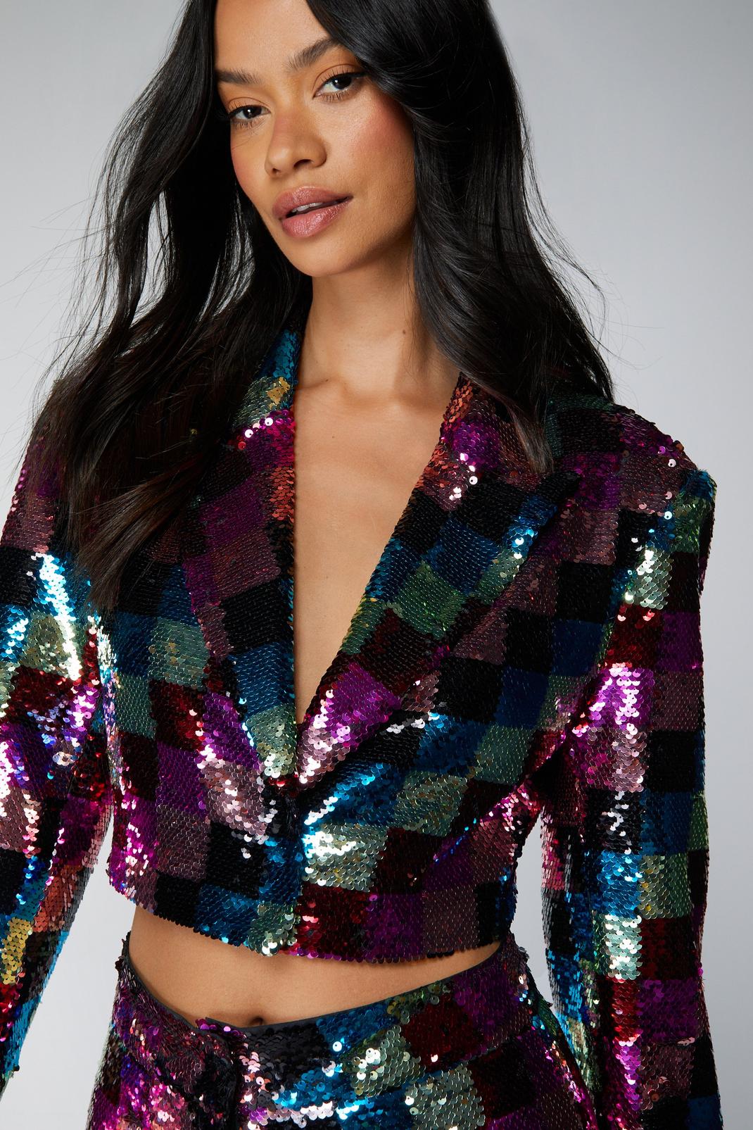 Multi Checkerboard Sequin Cropped Blazer image number 1