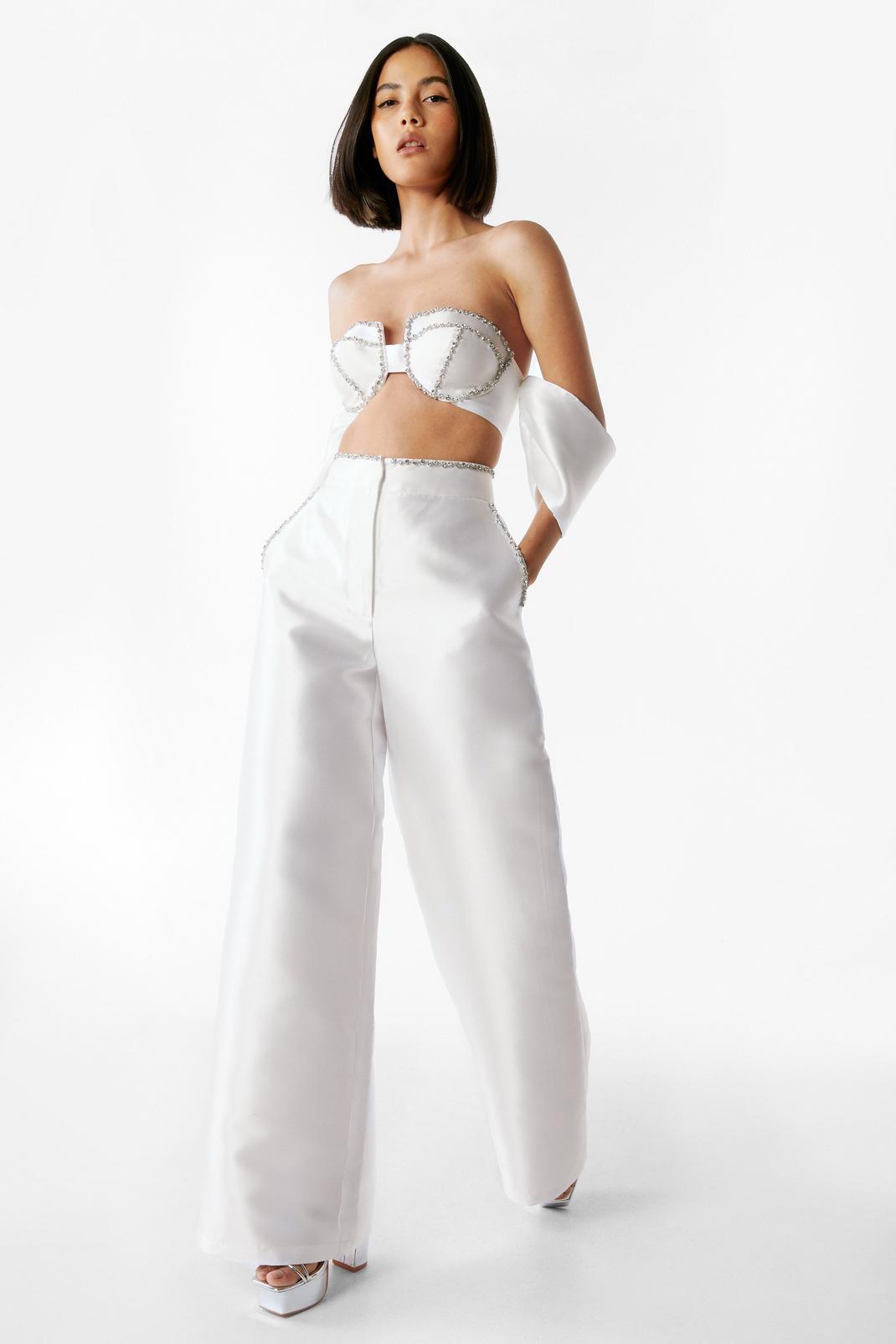 Ivory Diamante Embellished Wide Leg Trousers image number 1
