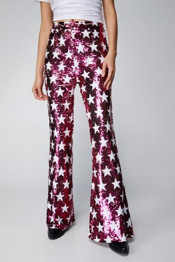 Pink Small Star Sequin Flare Pants