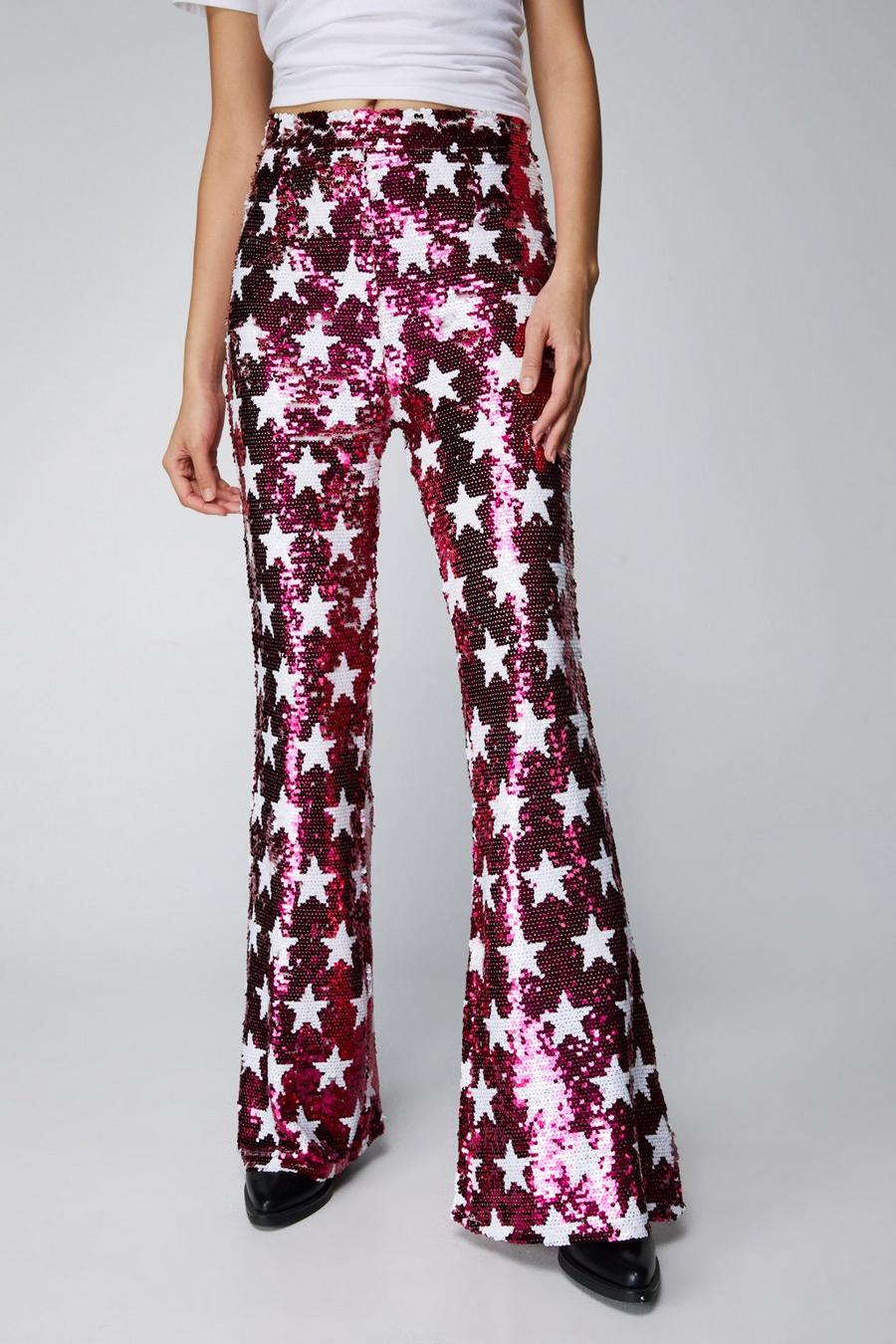 Miluxas Sequin Pants Clearance Women 2023 Sparkle Wide Leg Flare Elastic  High Waist Disco Glitter Pants Hot Pink 8(L)
