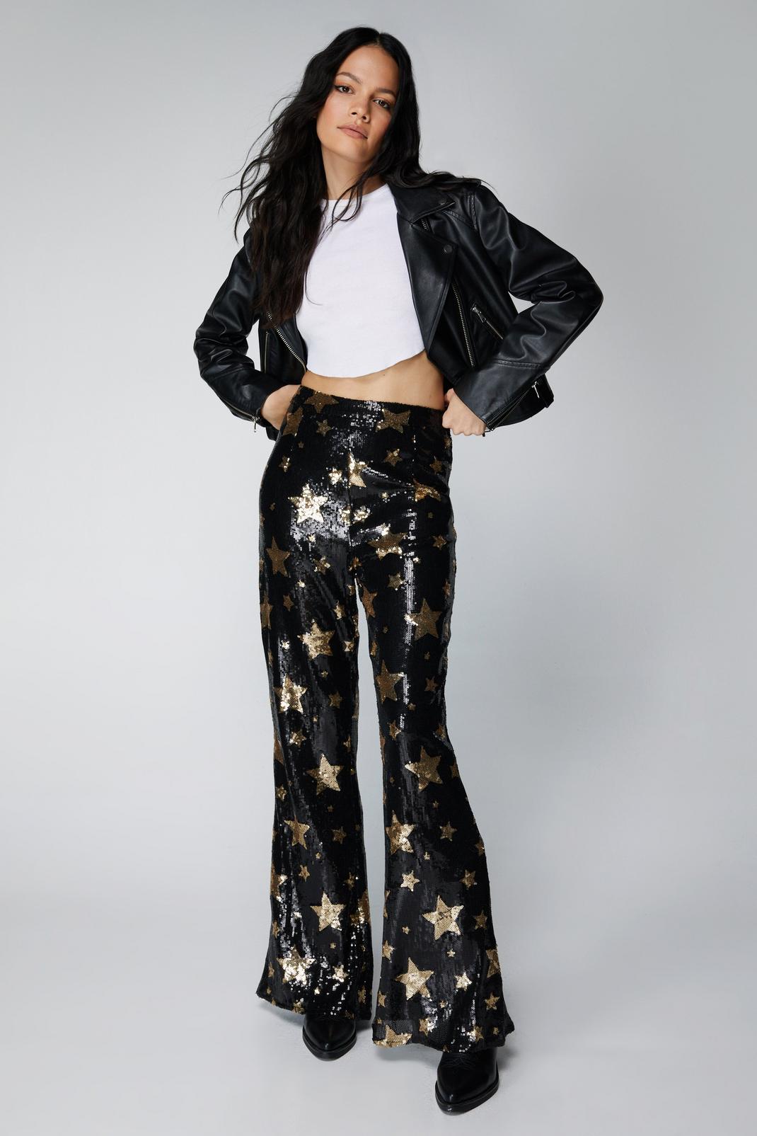Black Star Sequin Flare Trousers image number 1