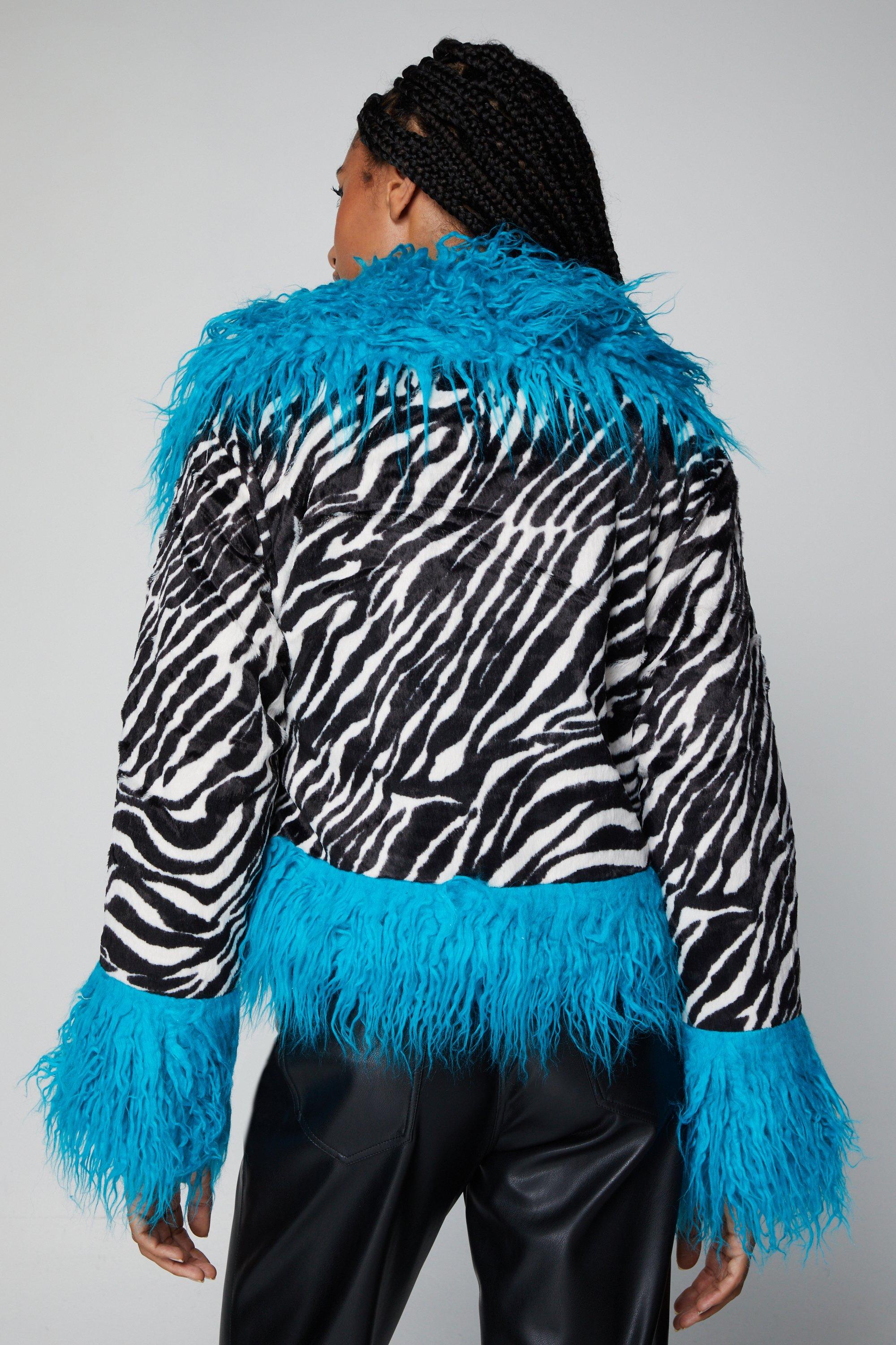 Premium Shearling Faux Fur Trim Zebra Print Afghan Jacket | Nasty Gal